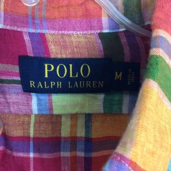 Polo-RL bright plaid button up shirt in linen-M - Picture 2 of 9